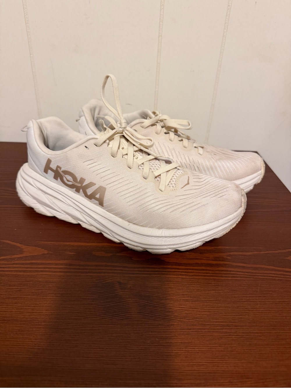 HOKA Women's Athletic Shoes in Cream with Gold Logo